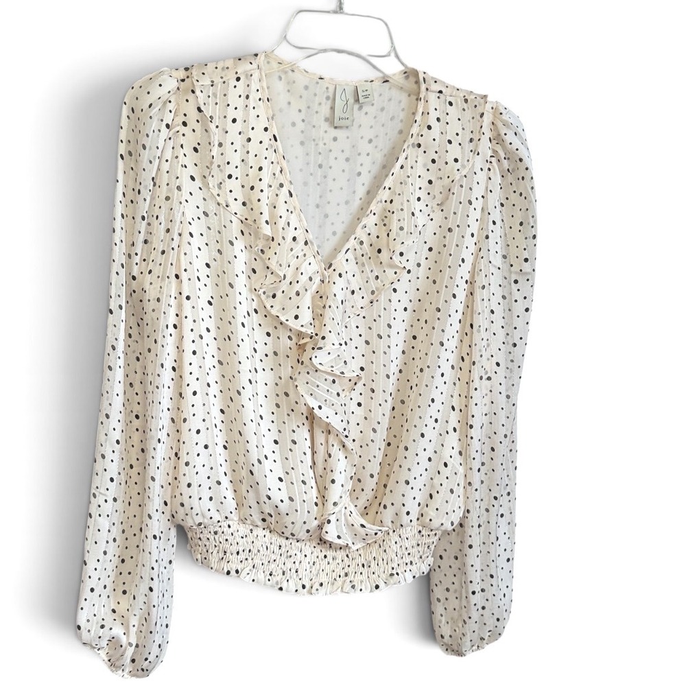 Joie Blouse Womens S Cream Black Polka Dot Ruffle Metallic Smocked Top Cottage